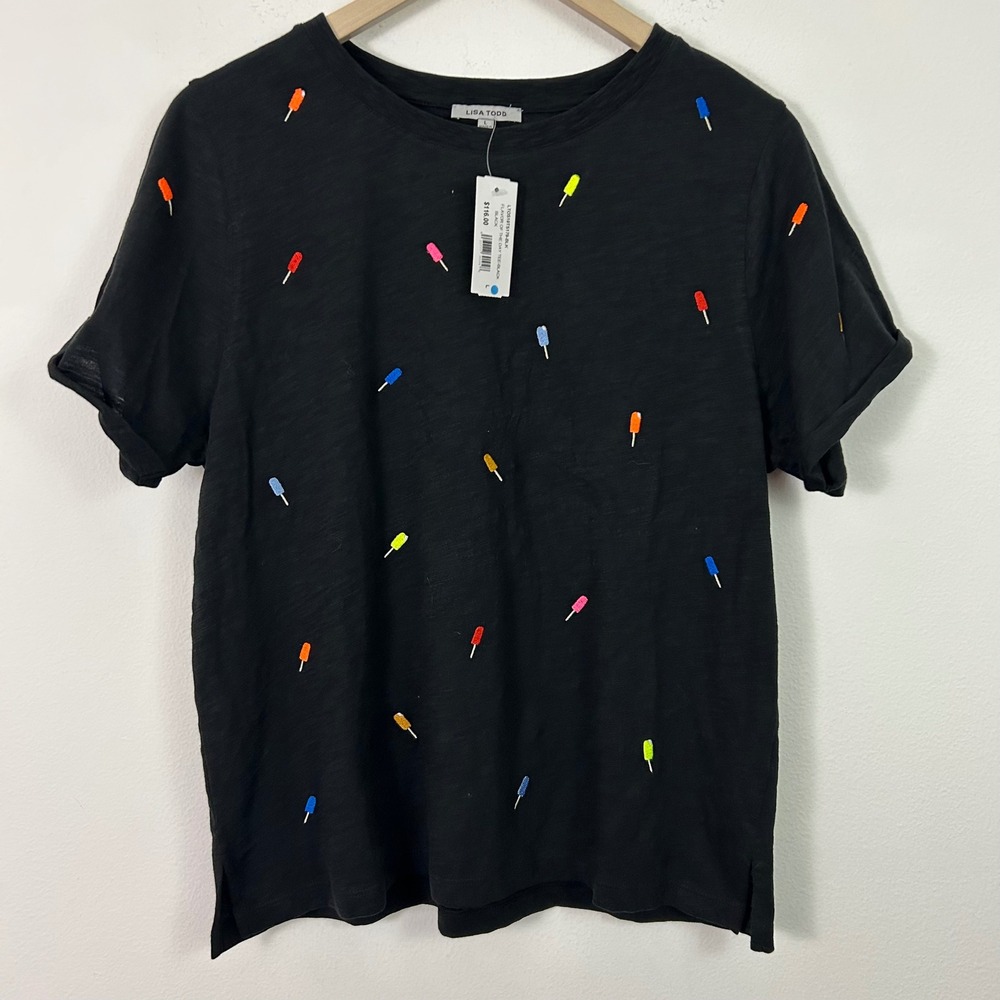 Lisa Todd Black Cotton Popsicle Embroidered Tee Flavor of the Day Size L NEW